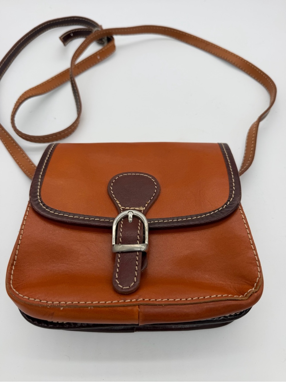 Classic Two-Tone Leather Crossbody Bag in Cognac and Chocolate